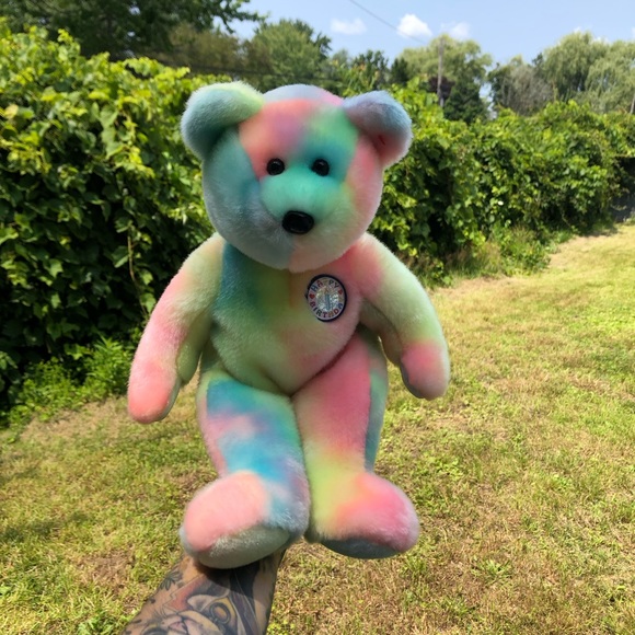 The Beanie Buddies Collection by TY 2001 B.B. Tie Dye Birthday Buddy Bear💛💙🩷 - Picture 10 of 14